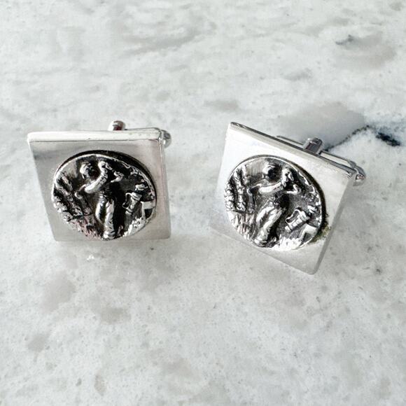 Swank Golfer Cufflinks Men One Size Silver Tone Vintage Golf Scene Square Design - Picture 1 of 7